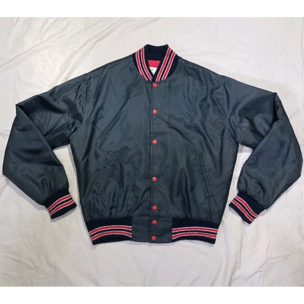 VTG West Wind Buccaneer Snap Bomber Varsity Jacket Sz Medium Black/Red Satin EUC